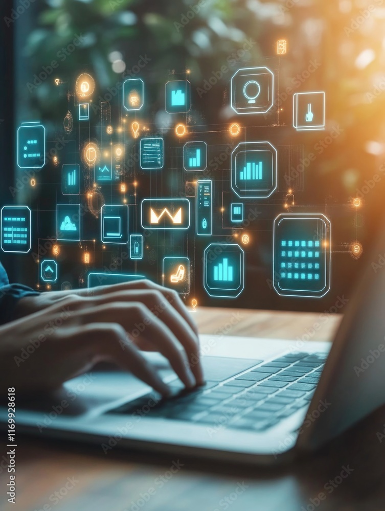 Poster person is typing on a laptop with a screen displaying a variety of icons and graphs. concept of prod