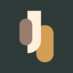 A minimalist composition of three organic shapes on a dark green background