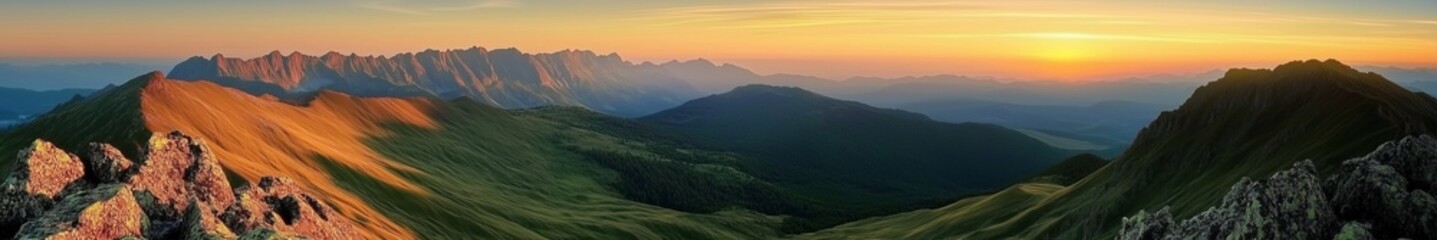 Golden Sunset Over Rolling Mountains with Stunning Details, Perfect Composition Showcasing Nature's Beauty and High Definition Clarity.