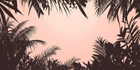Tropical sunset foliage frame, pink sky background, design element.