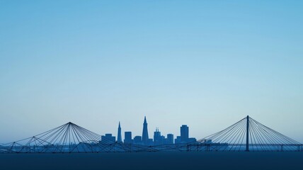 Fototapeta premium Silhouette of a city skyline against a blue twilight sky.