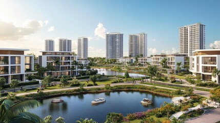 Modern Green Spaces Near Lakes Under Bright Sunlight