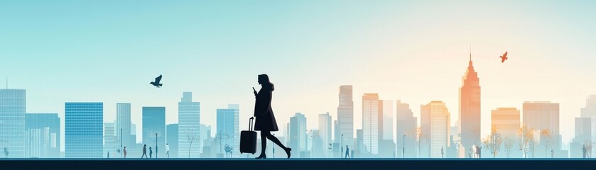 Silhouette of a businesswoman walking with a briefcase at sunset.