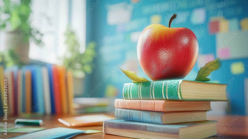 Poster red apple sits on top of a stack of books. the apple is surrounded by a leaf, which adds a touch of 