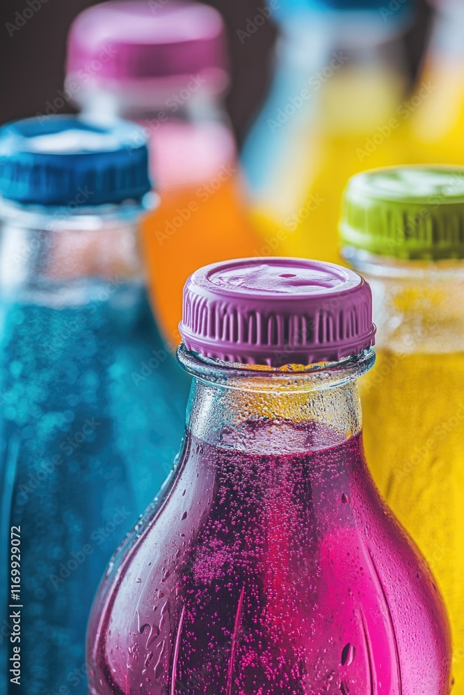 Poster several colorful plastic tops on different types of soft drinks in clear bottles. beverage container