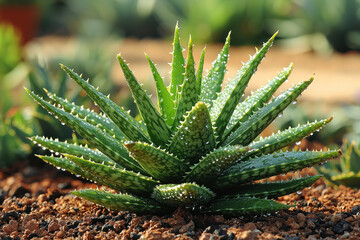 Fototapeta premium Small aloe vera plant with water droplets growing in rocky soil.