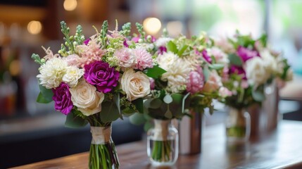 Multi-colored floral arrangements with white, pink, and purple roses. Decorative bouquets suitable for weddings, events, and celebrations.