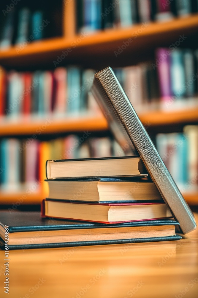 Poster stack of books with an open book on top.