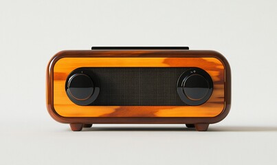 Retro wooden radio.  Vintage style radio with a warm, wooden exterior and black accents.  Front panel with 