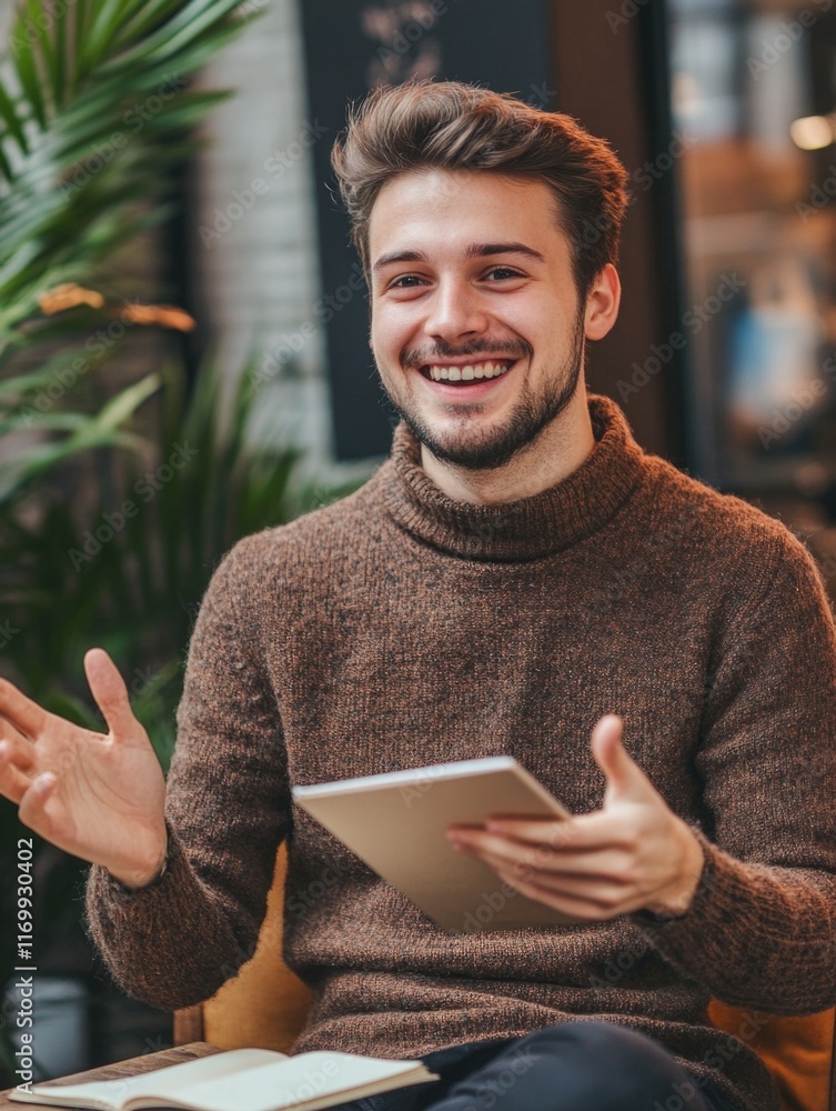 Poster man in brown sweater speaking and gesturing. tablet for note-taking on table.