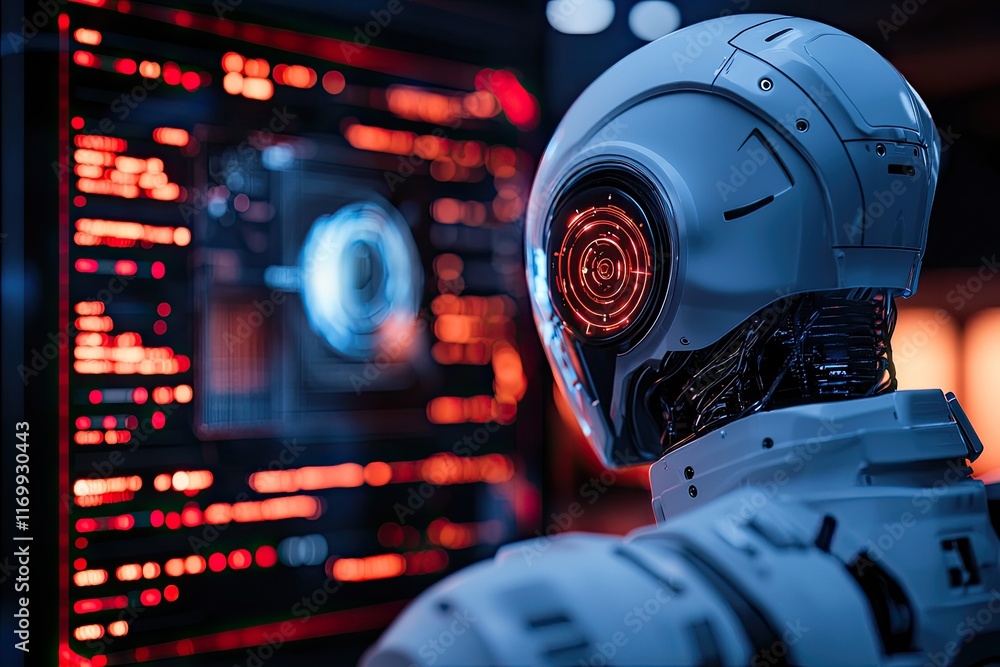 Poster futuristic robot analyzing red code on a large screen