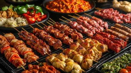 A vibrant display of various grilled skewers and dishes ready for serving.