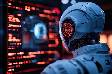 Futuristic Robot Analyzing Red Code on a Large Screen