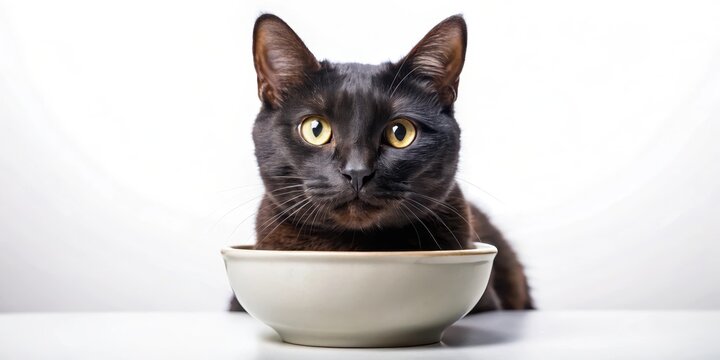 Un gatto con la pelle lucida e gli occhi castani che guardano in un bicchiere con sfondo bianco, adatto per una pubblicazione di un marchio di cibo per animali, black-eyed cat, white bowl
