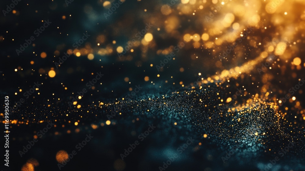 Poster shimmering golden sparks with a dark background, creating an abstract digital effect for use in micr