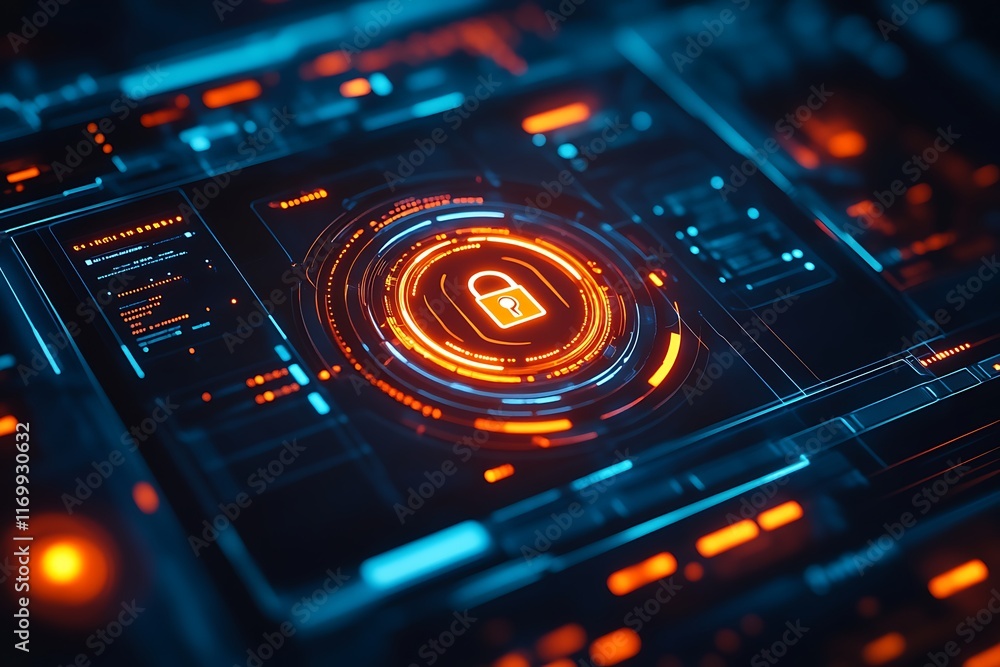 Poster cyber security digital lock interface.