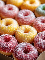 Box of assorted doughnuts with various icing colors and flavors.