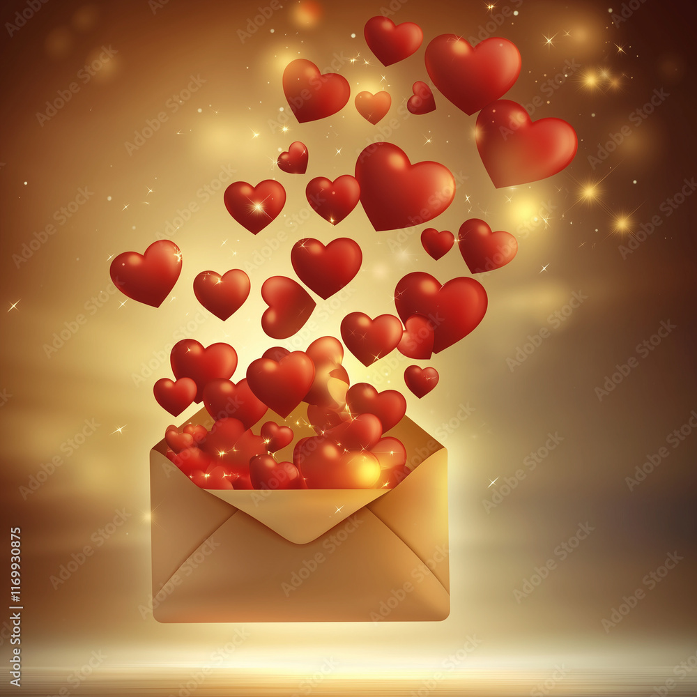 Poster a minimalistic scene showcasing an envelope with a burst of glowing red hearts rising into the air, 