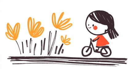 Joyful Child Riding Bicycle: Charming Hand-Drawn Illustration. AI Generated