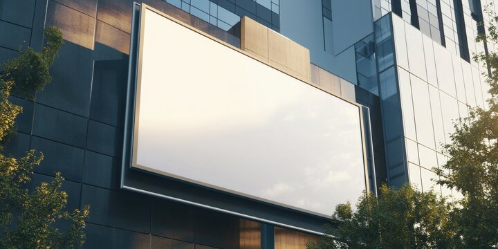 A large digital billboard on the side of a modern building in a city skyline at sunset.
