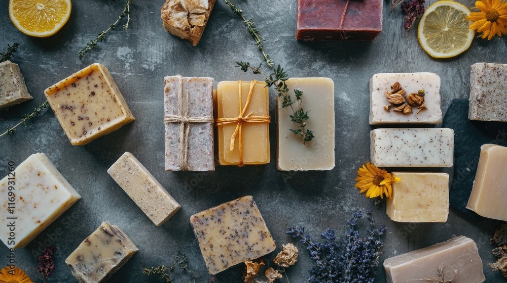 Poster collection of soaps with various scents and colors. the soaps are arranged in a way that they are al