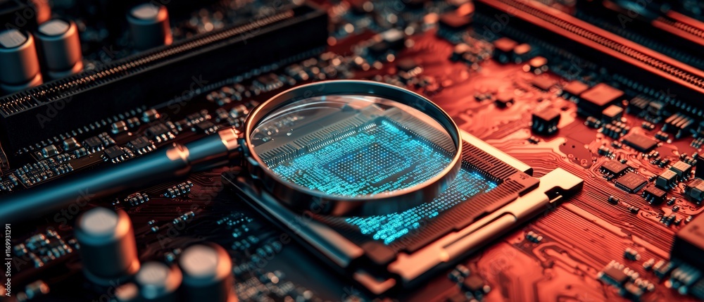 Aufkleber magnifying glass on microchip data analysis tech concept