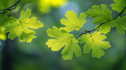 Sunlit fresh green oak leaves on a branch.