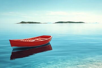 Naklejka premium Red rowboat on tranquil ocean water, serene island scenery.
