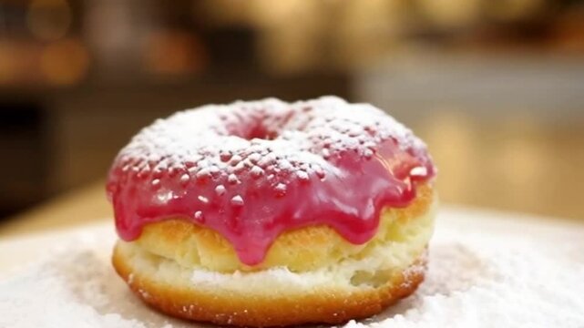 Powdered raspberry cronut with raspberry glaze and powdered sugar, set in a cozy bakery atmosphere with a soft dusting