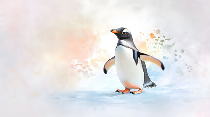 Obraz premium watercolor style penguin waddling on icy surface, showcasing its charm and grace