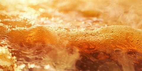 Golden texture on liquid surface with reflections and sparkles, close-up view.