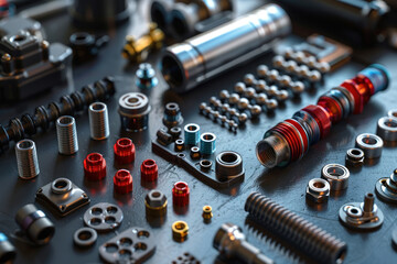 Naklejka premium auto mechanic tools and car parts are neatly laid out,. 
