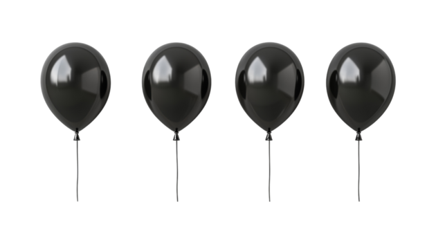 Four elegant black balloons on strings.