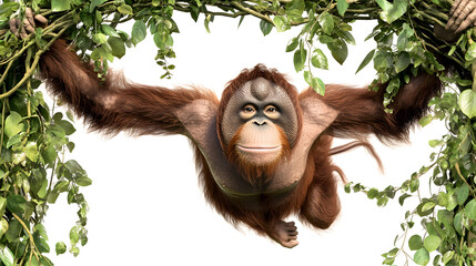 Obraz premium 3D orangutan with realistic fur textures swings through lush greenery, showcasing its playful nature and vibrant environment