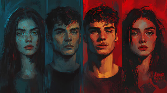Four individuals with distinct facial expressions representing the temperaments of choleric, melancholic, sanguine, and phlegmatic. Sanguine. Illustration