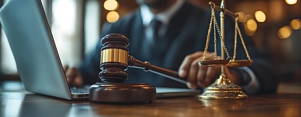 Obraz premium A gavel and scales of justice beside a laptop on a desk.