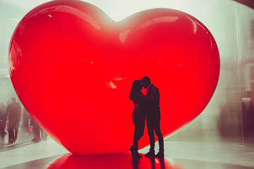 The theme is a huge red heart with a couple hugging each other in the background. Valentine's Day Concept.
