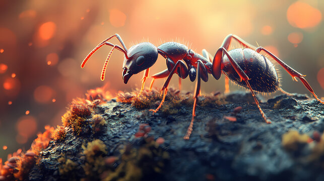 Intimate worm's eye view of ant's tiny feet carrying crumbs on moss-covered stone with delicate focal blur. beautiful simple ai generated image. Sanguine. Illustration