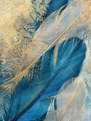 Decorative artwork featuring blue and gold bird feathers with a textured painting technique.