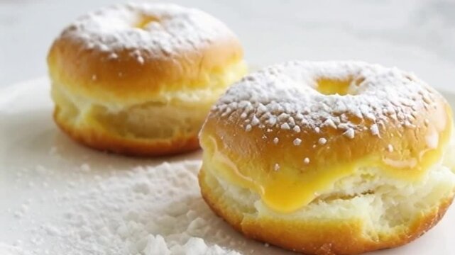 Winter sugar cronut with lemon glaze, powdered sugar, and a festive wintry charm created by glowing yellow glaze
