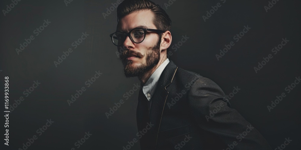 Poster man in a suit and glasses is standing in front of a dark background. he has a mustache and a beard
