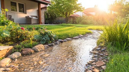 Serene Residential Lawn with Seeping Stream at Midday