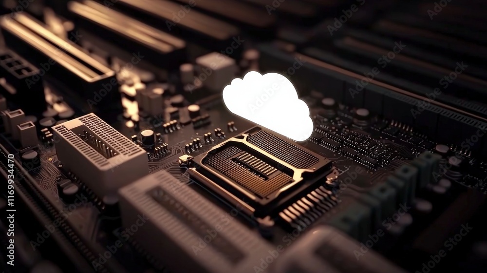 Poster futuristic motherboard cloud computing data storage 3d render technology concept