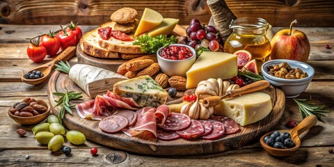 Fototapeta premium Traditional Italian spread with cured meats, cheeses, fruits and nuts on a wooden table, nuts