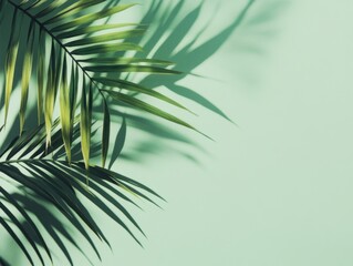 Obraz premium Shadow of tropical palm leaves against a light green wall. Refreshing summer vacation theme.