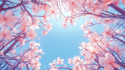 Pink Blossom Trees Frame Bright Sky