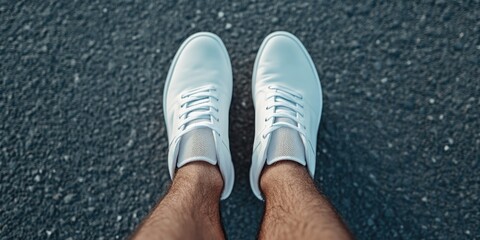 A pair of white sneakers on a road, possibly after a run or just before one.