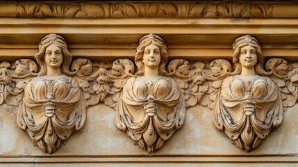 Ornate Architectural Relief of Three Angelic Figures in Stone