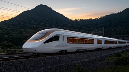 Naklejka premium High-Speed Train Racing Through Dramatic Landscape