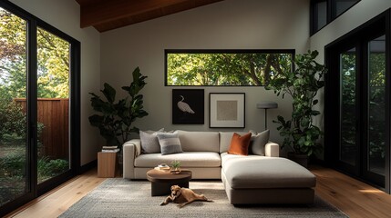 Fototapeta premium Minimalist Living Room with Natural Light and Greenery